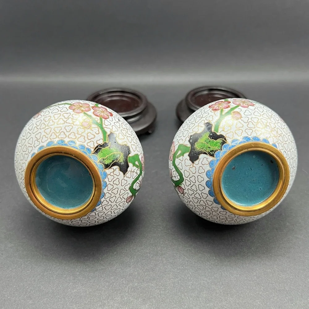 Vintage Cloisonne Vases Cherry Blossom White Pink Yellow Wood Stands Pair 4